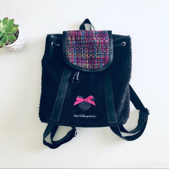 Walt Disney World Boucle Mouse Ears Backpack Pink Black Tweed Rhinestone Bow - Picture 11 of 11